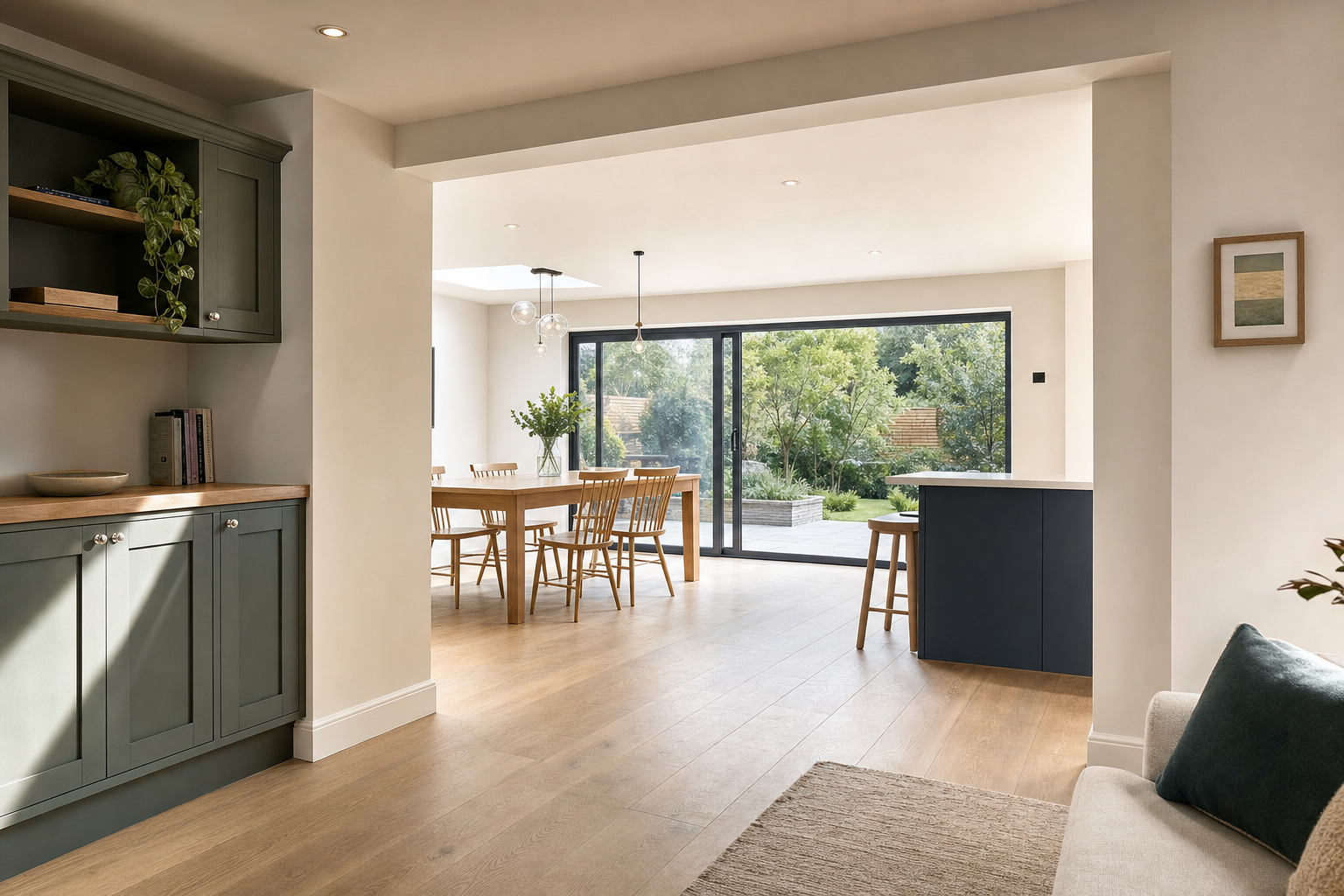 Spacious open-plan dining area with a large window view of a garden, wooden floors, and modern furniture.