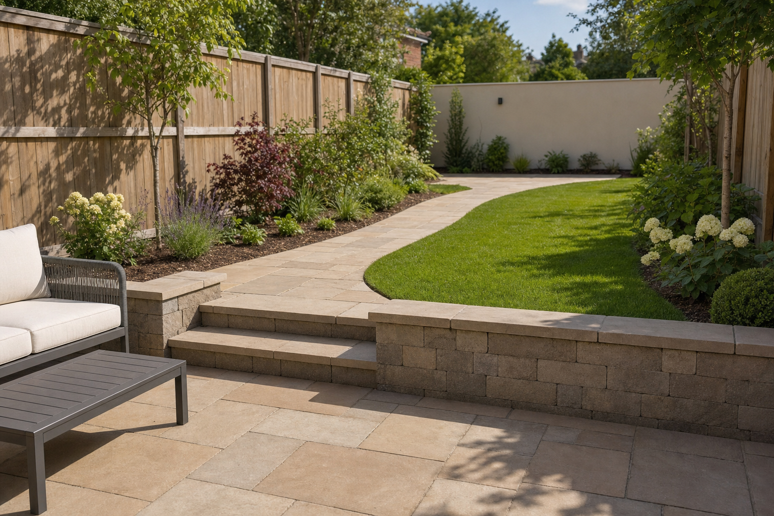 A landscaped garden with a paved patio, bordered by green grass and flowering plants, beside a wooden fence.