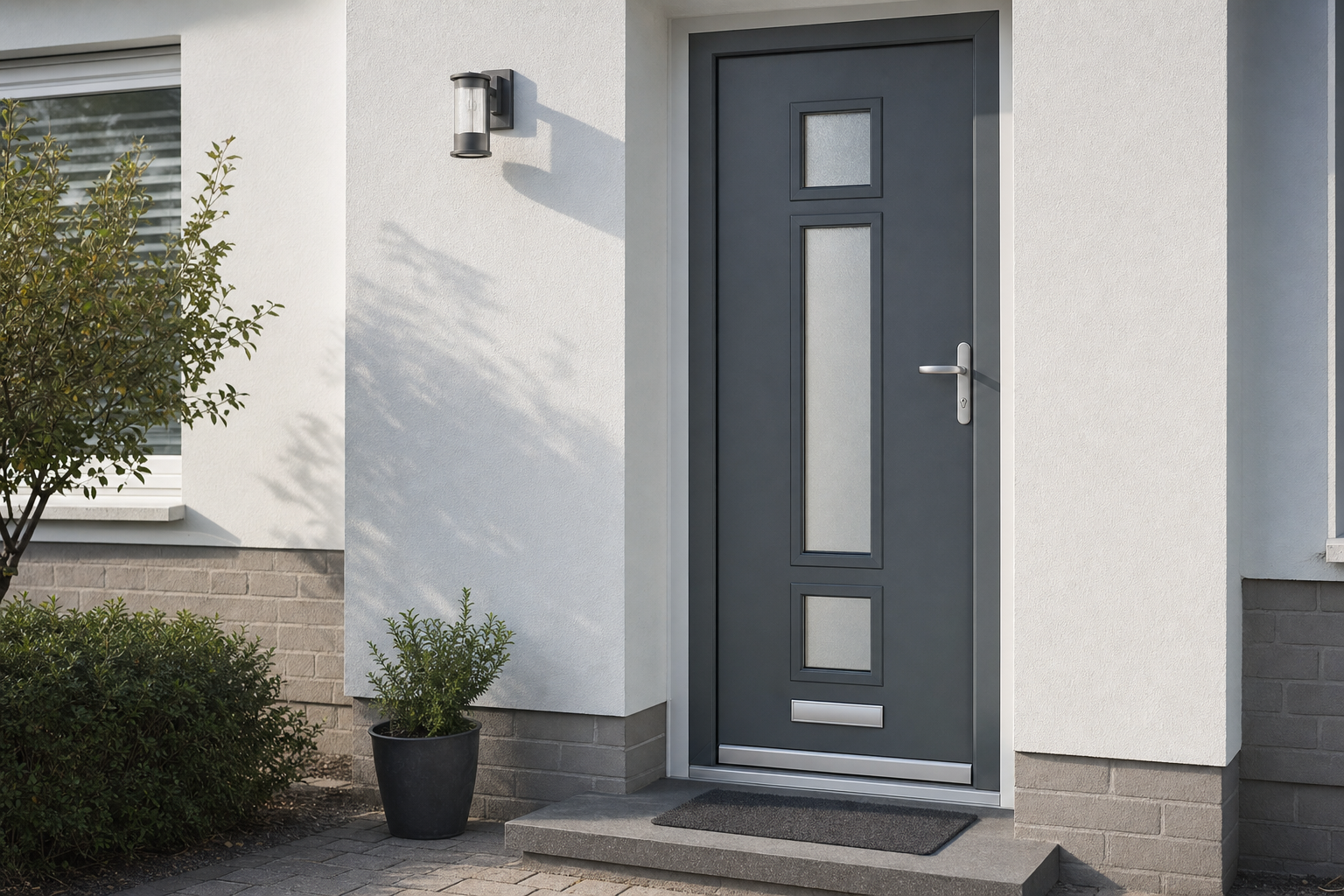 Modern grey front door with frosted glass panels beside a small potted plant and exterior wall light.