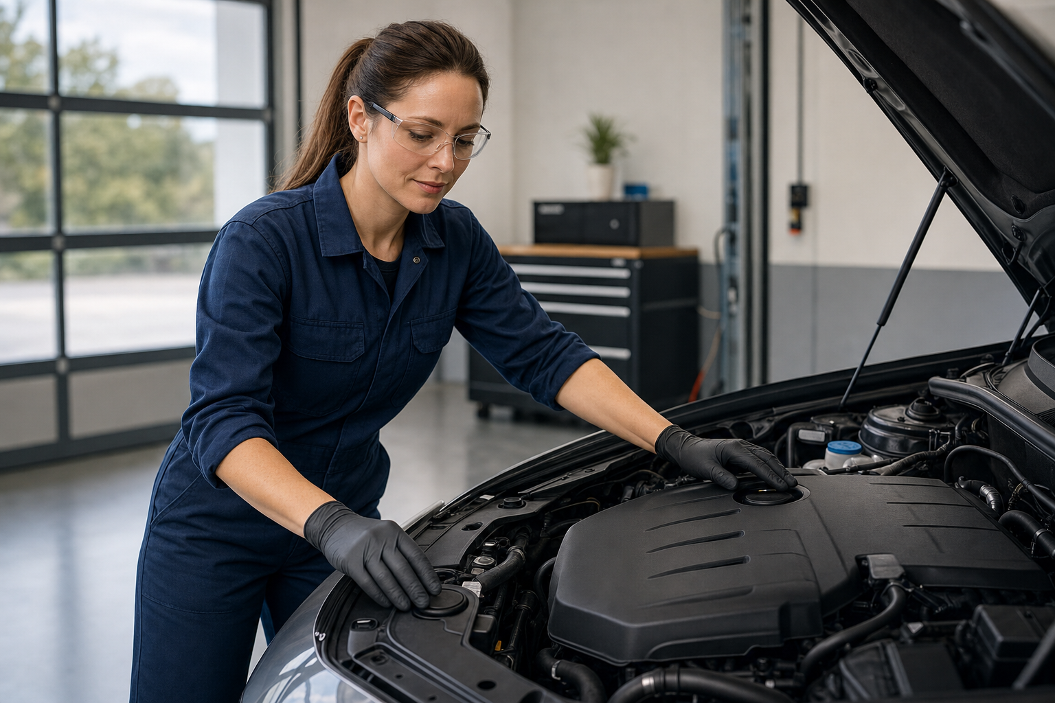 Mechanic in blue overalls and safety glasses working under a car bonnet in a workshop.