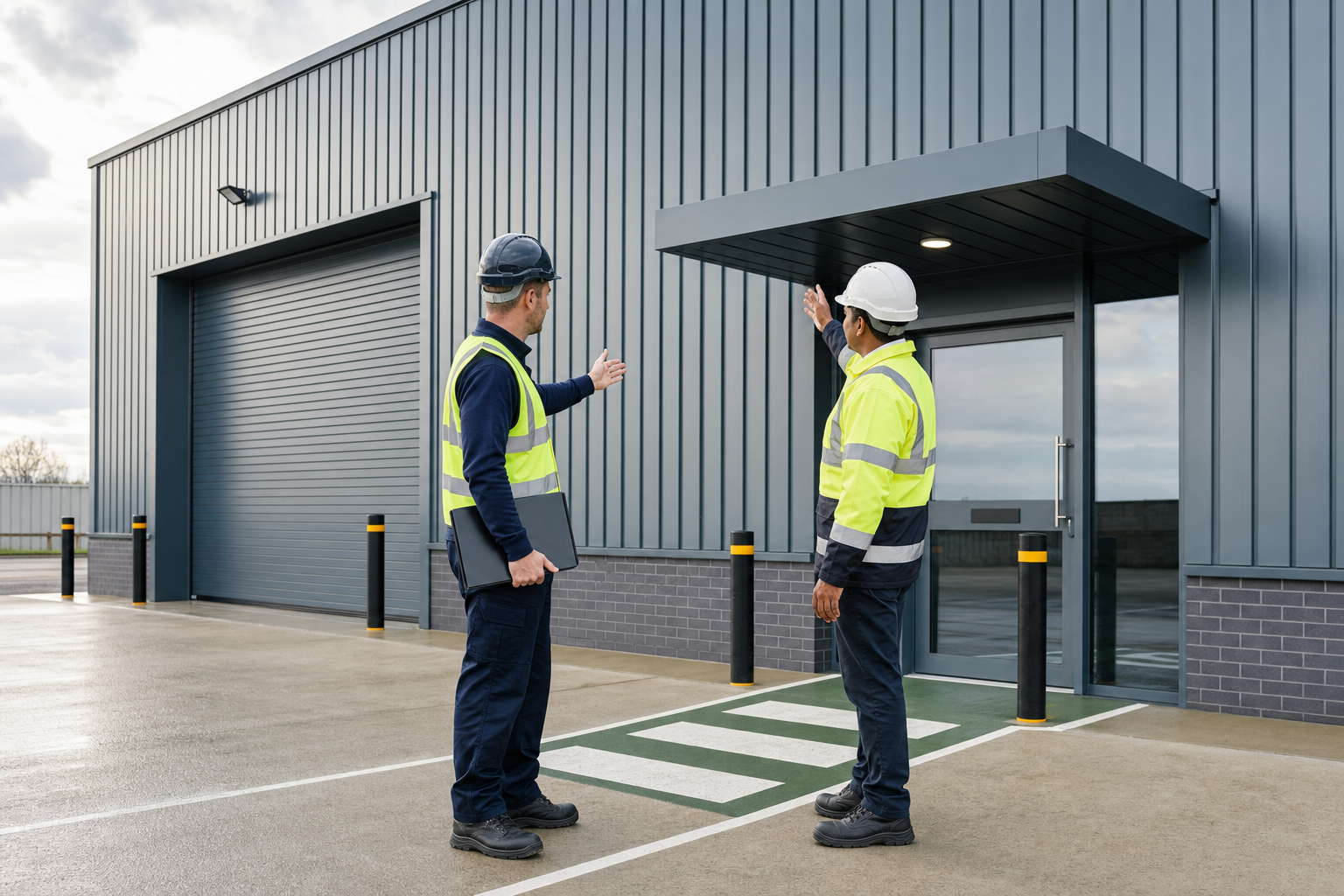 Two workers in high-visibility vests and hard hats discuss a modern industrial building's entrance.