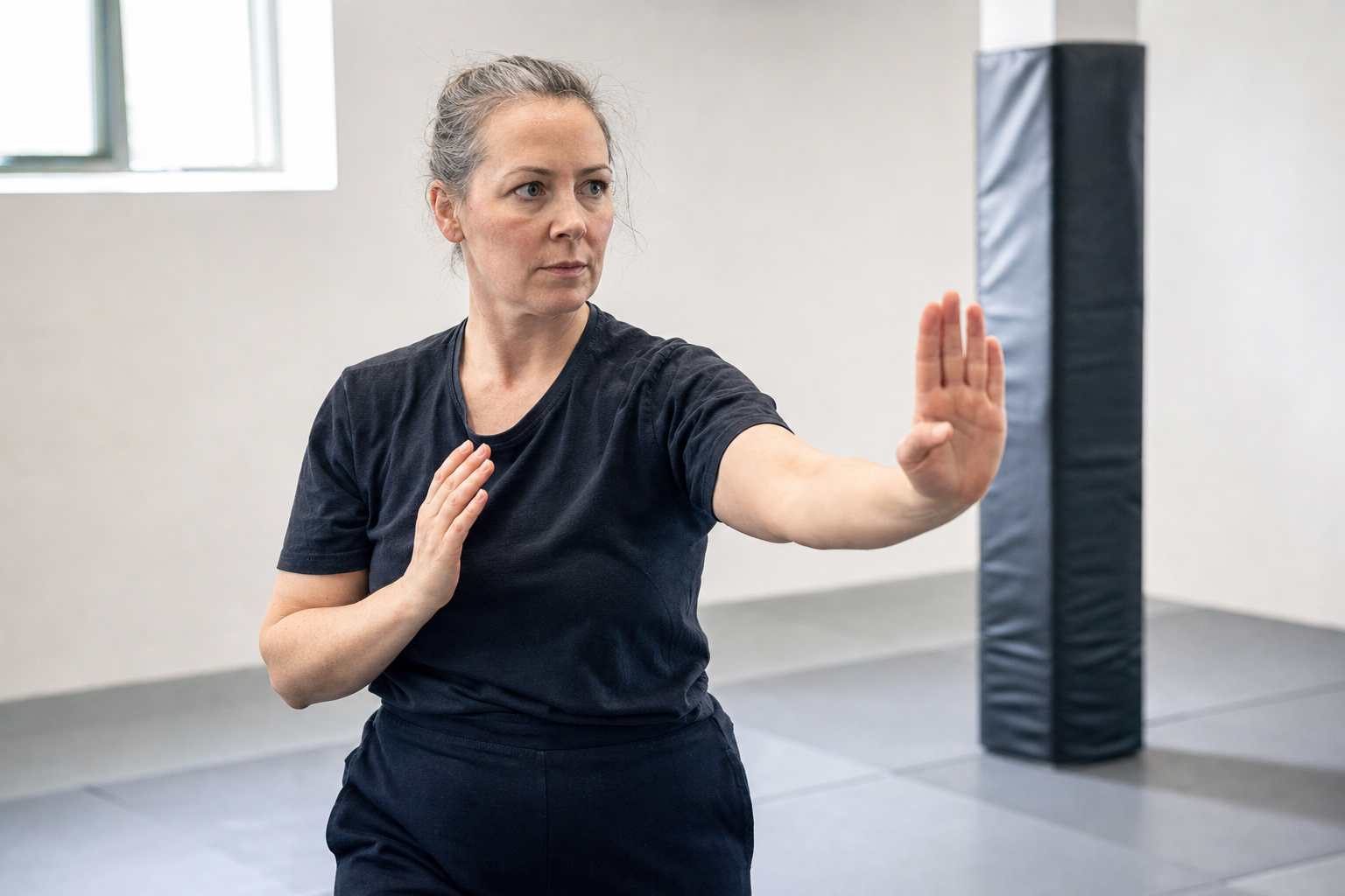 A woman in a martial arts studio practises a focused defensive stance.