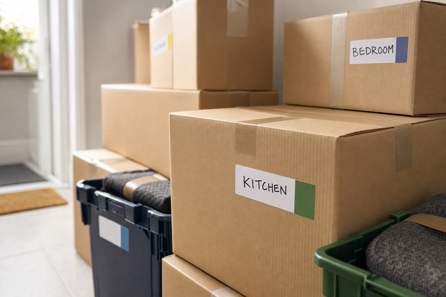 Stacked packing boxes labelled for different rooms, ready for moving house.