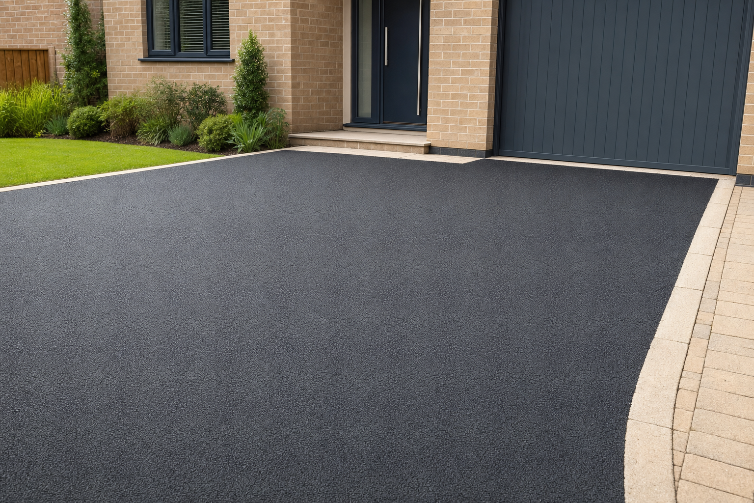 A clean, smooth tarmac driveway leads to a modern brick house with a dark blue garage door.