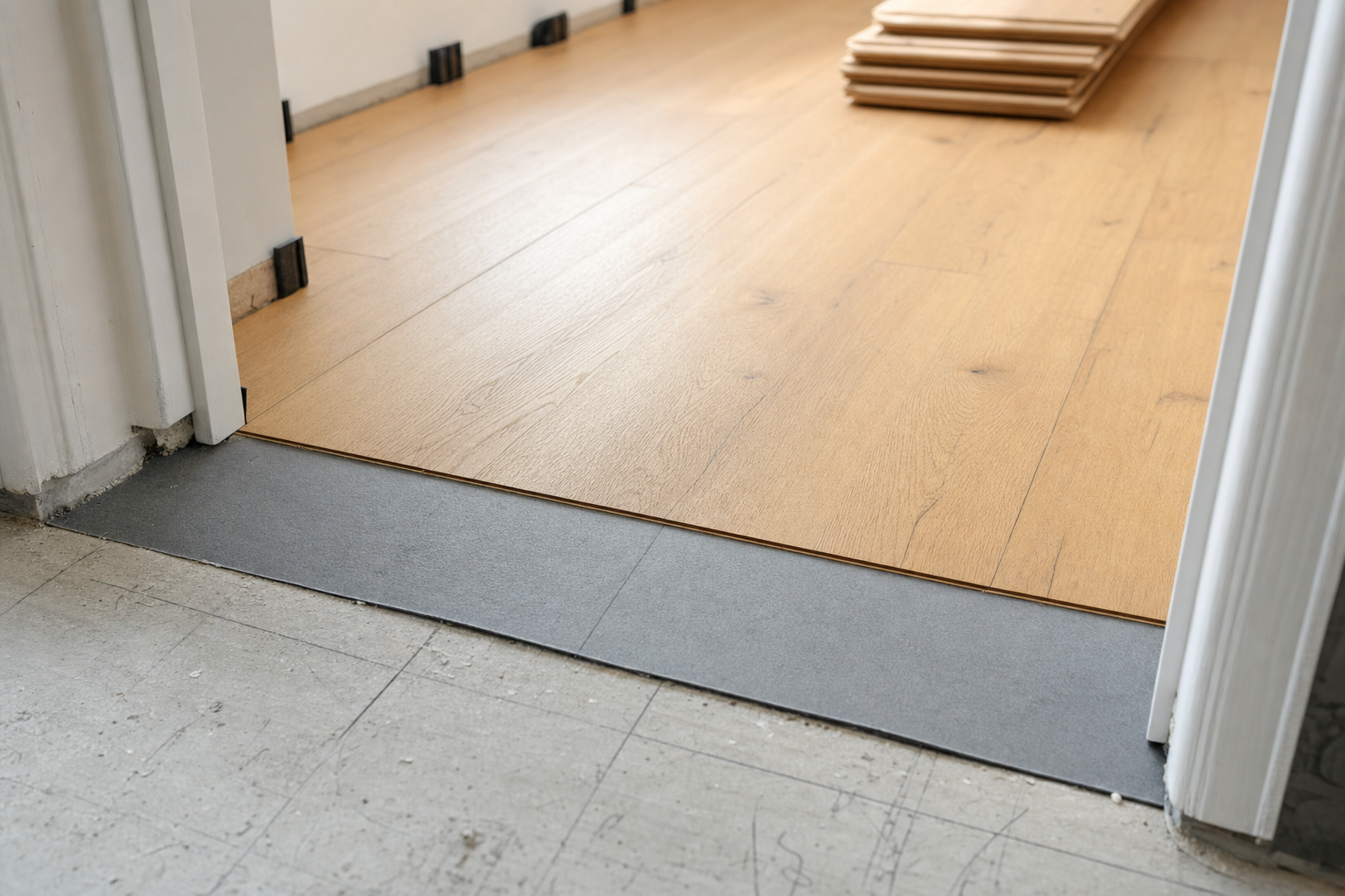 Unfinished doorway with partially installed wooden laminate flooring above an underlayment.