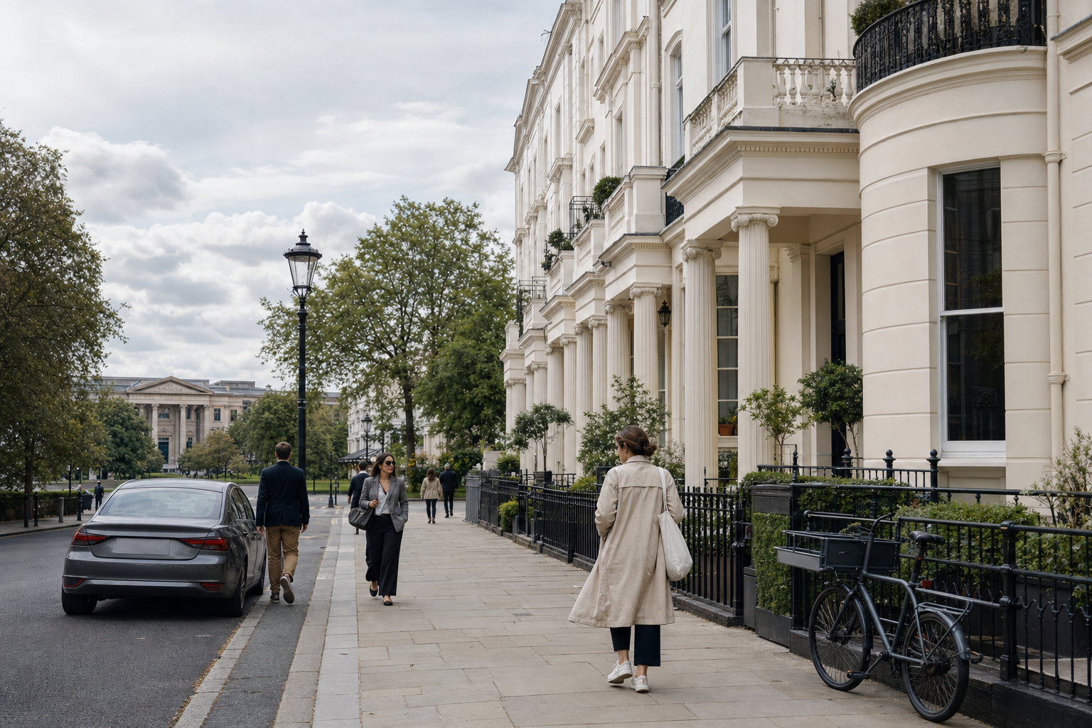 People walking on a pavement lined with elegant white buildings and greenery in a city setting.