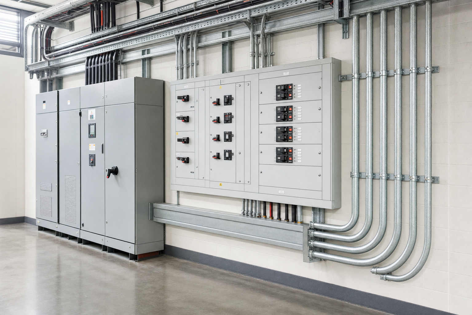 Industrial electrical panel system with metal conduit pipes organised neatly along a wall.