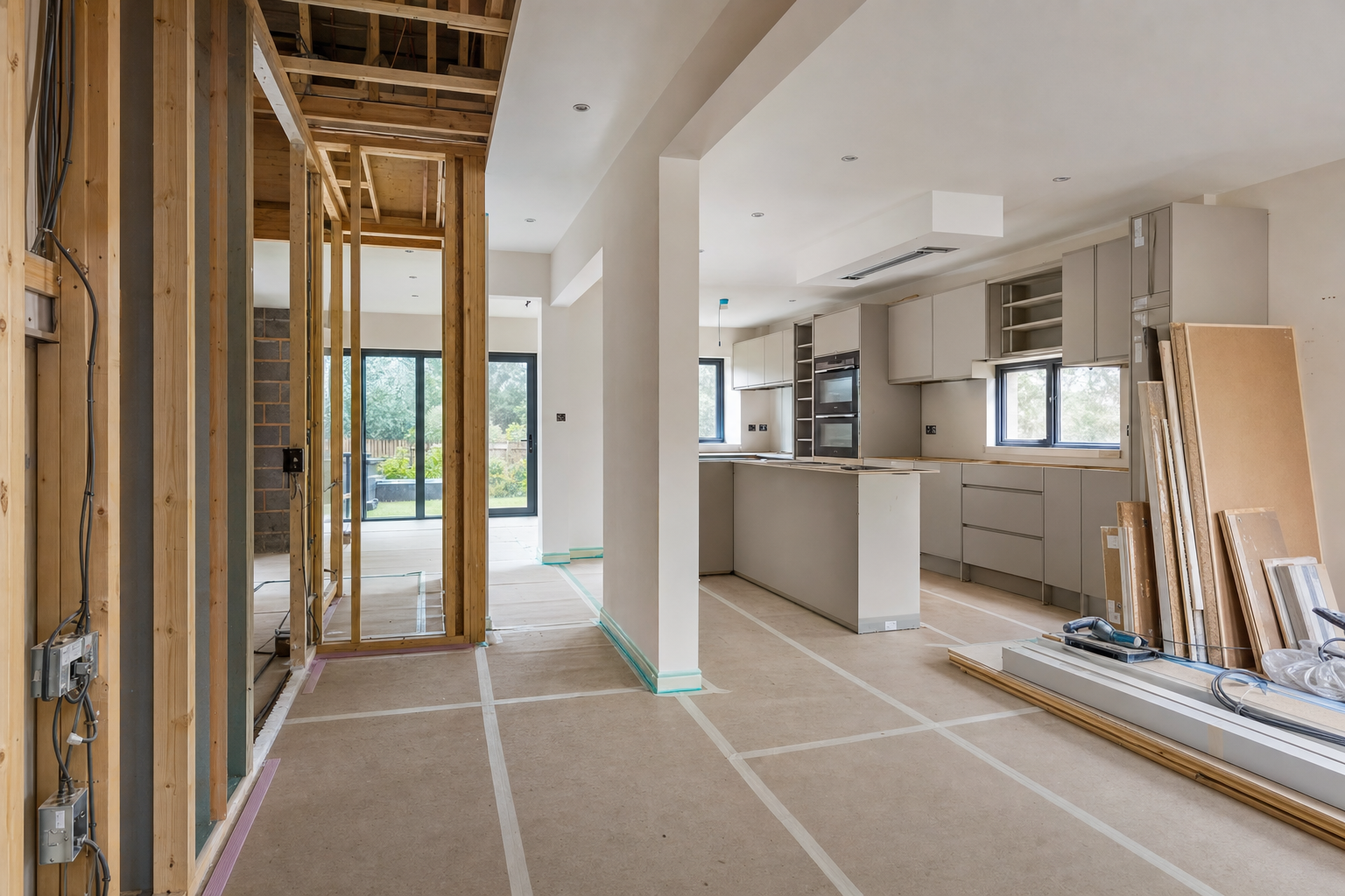 A kitchen undergoing renovation, featuring exposed wooden framing and partially installed cabinetry.