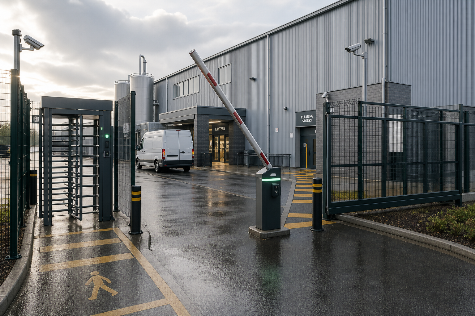 Van parked near a grey industrial building with metal fencing and security cameras in a wet, overcast setting.