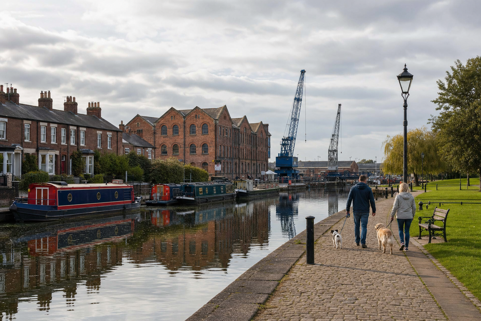 A couple walks two dogs along a cobblestone path beside a canal with narrowboats and historic warehouses.