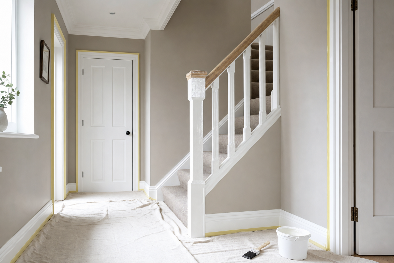A hallway with a staircase is being prepared for painting, with a paint bucket and brush on the floor.