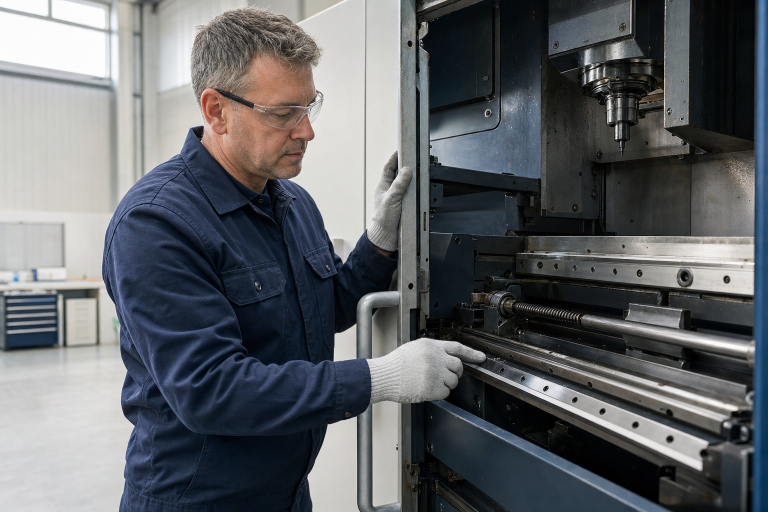 Engineer in a workshop inspecting machinery while wearing protective gloves and glasses.