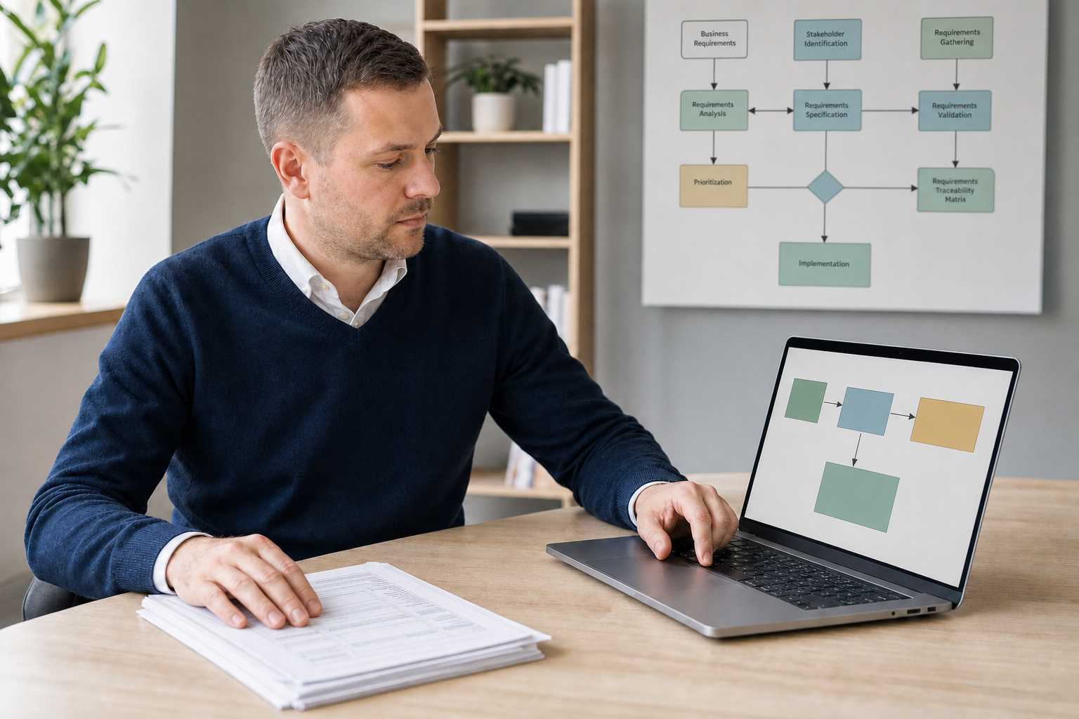 Man reviewing a flowchart on a laptop with a stack of documents, seated at a desk.
