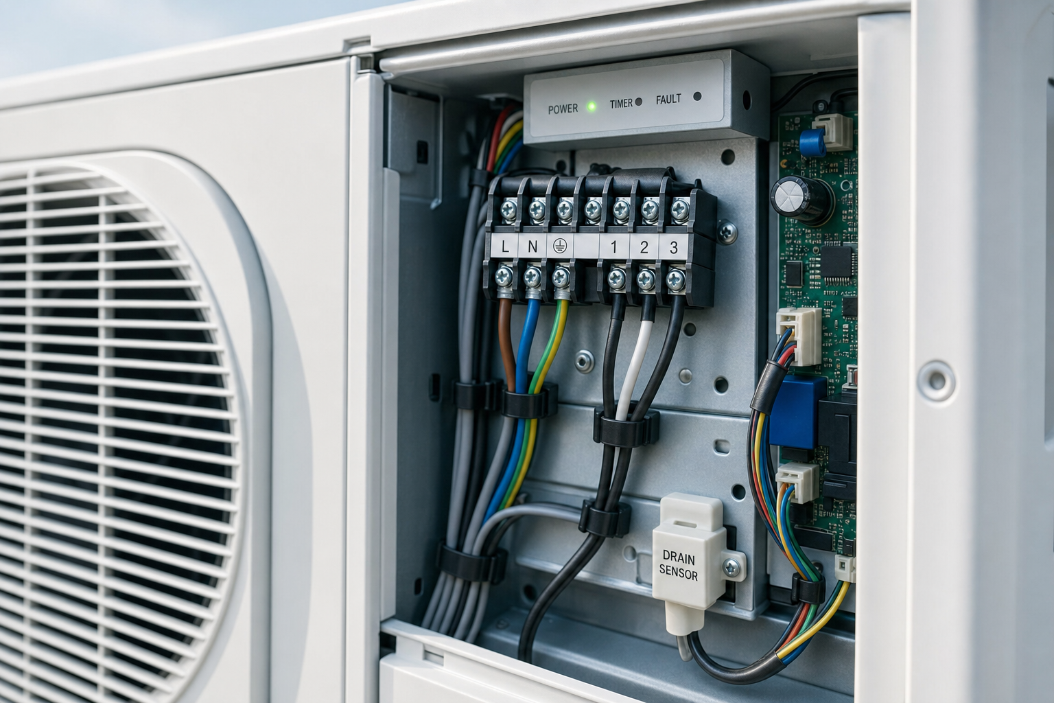 An open electrical panel showcasing wiring, labels, and a drain sensor inside an air conditioning unit.
