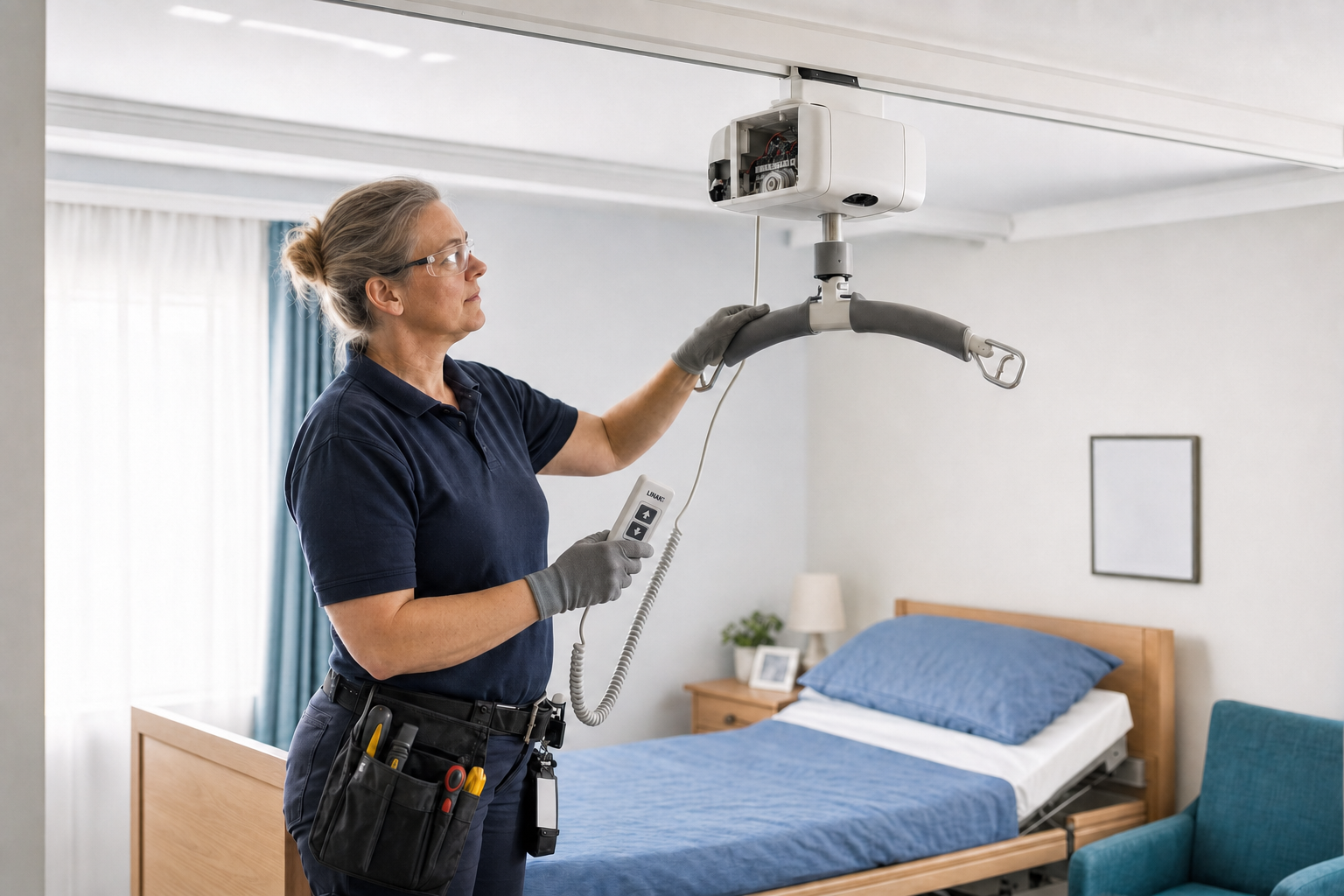 Technician installing an overhead lift system in a bedroom with blue bedding.