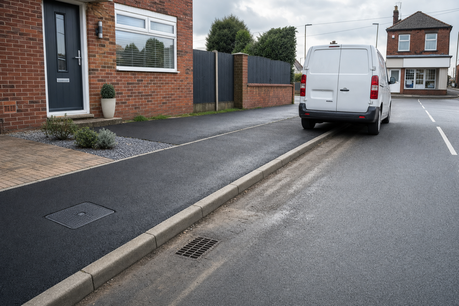 A white van parked partially on the kerb in front of a red brick house on a quiet street.