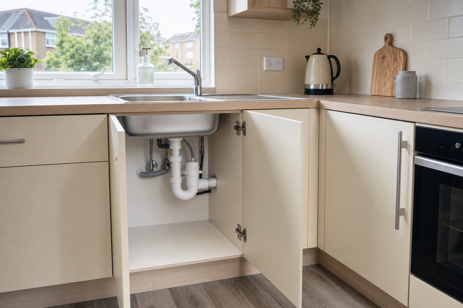 Modern kitchen with open cupboard under the sink, showing plumbing and a tidy worktop with a kettle and cutting board.