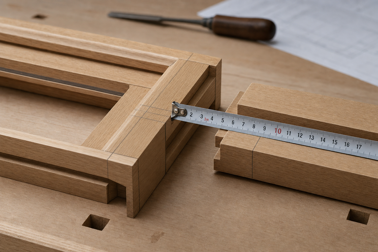 A tape measure and wooden joints on a workbench illustrate precision carpentry with a hand tool and plans in the background.