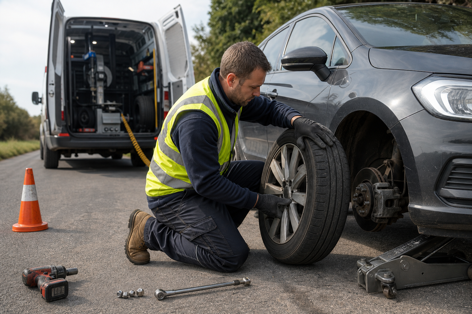 Mechanic changing a car tire on the roadside with tools and a service van nearby.