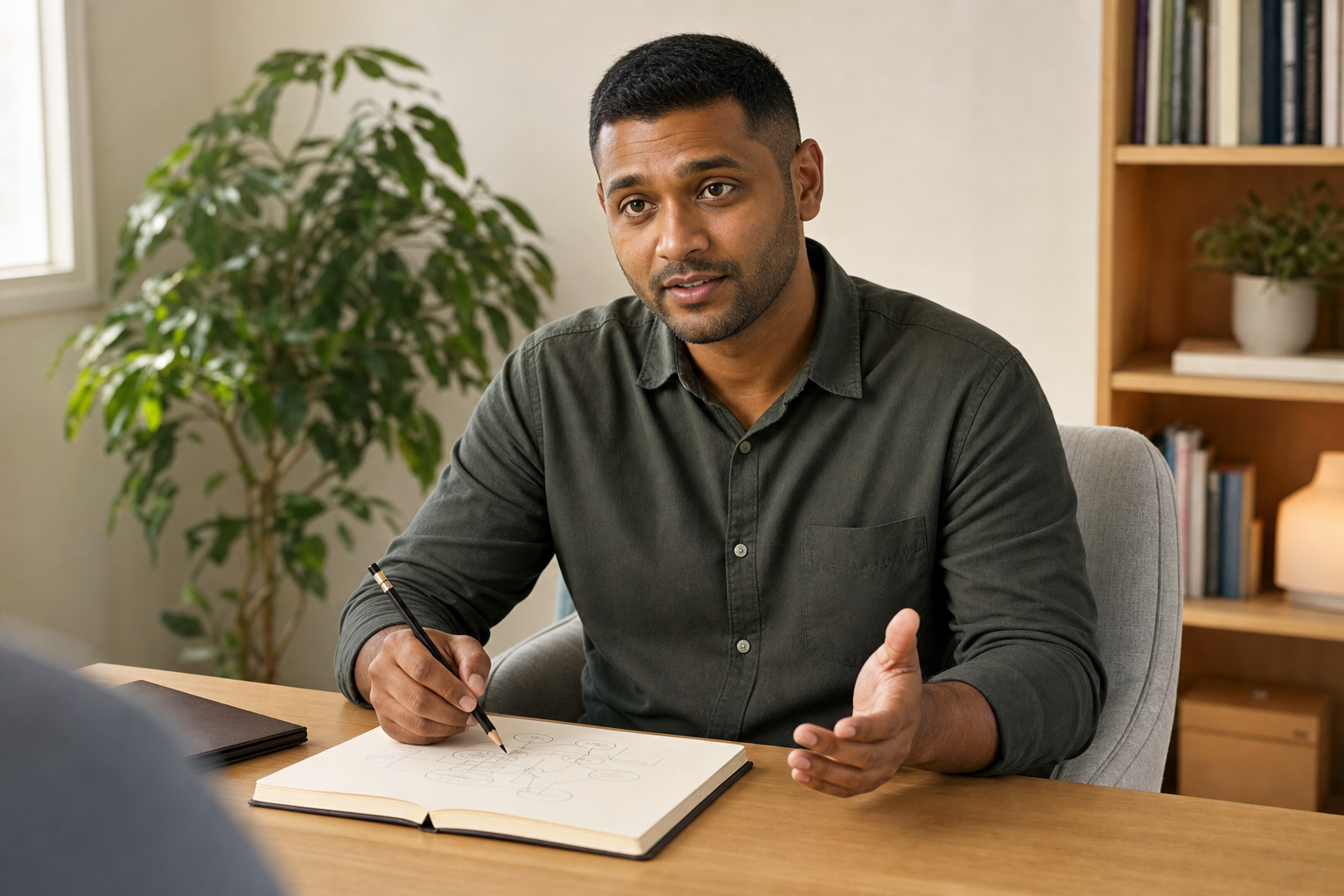 A man sits at a desk explaining something while gesturing and writing in a notebook, with shelves and a plant in the background.