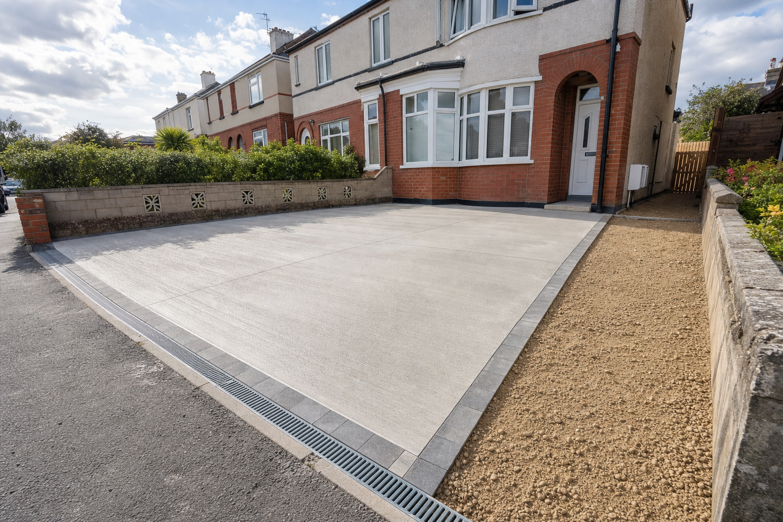 A neat, paved driveway leads to a semi-detached house with red brick and white facade, bordered by a gravel path and greenery.