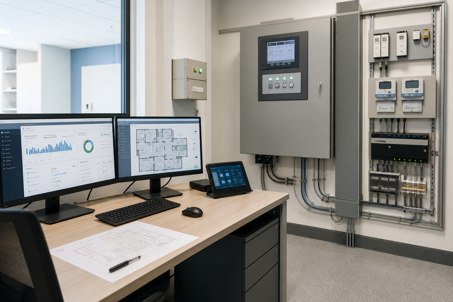 Control room with two monitors displaying data and plans, alongside a wall-mounted electrical panel.