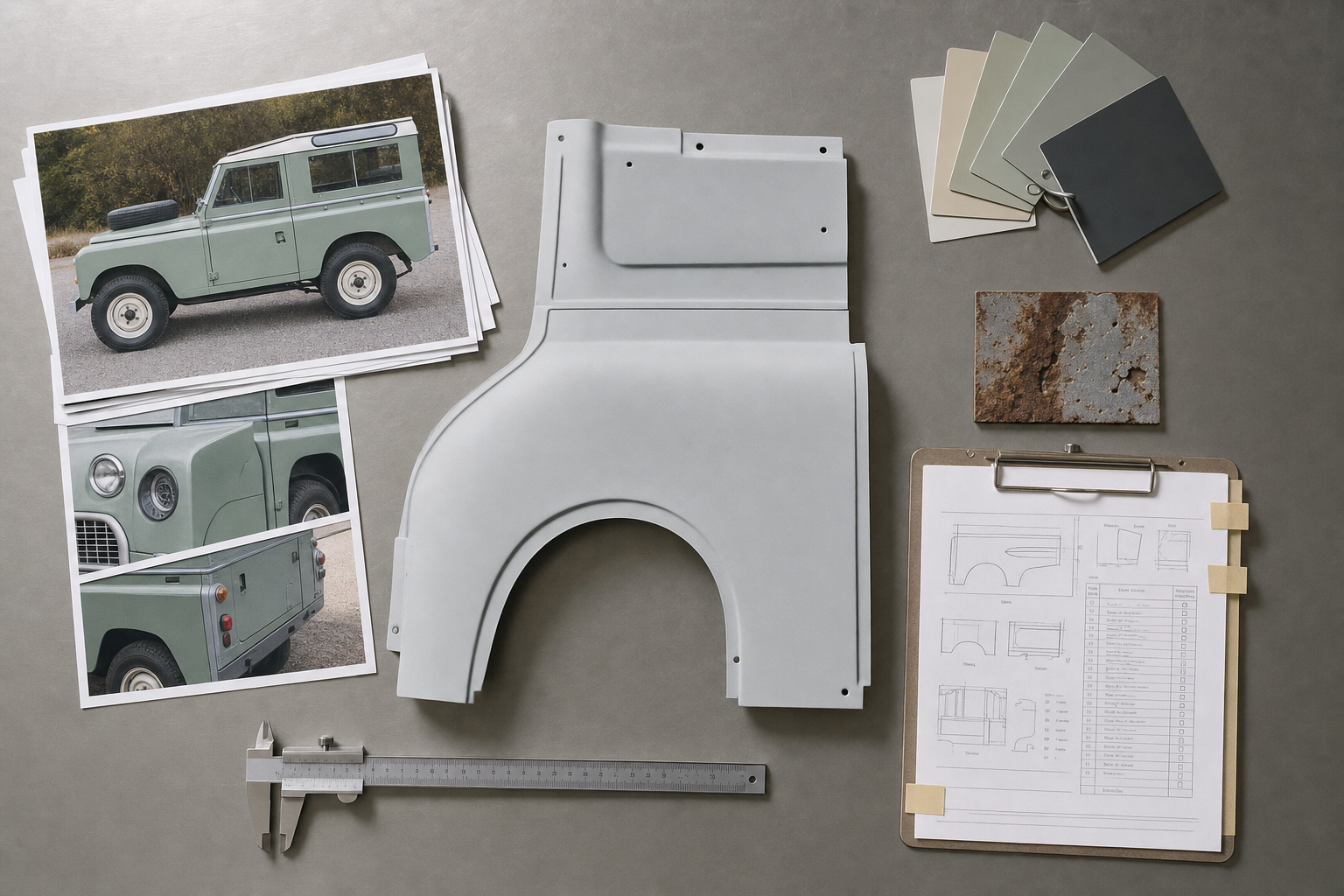 Car body panel with design documents, colour samples, rusted metal, and photos of a vintage green vehicle on a table.
