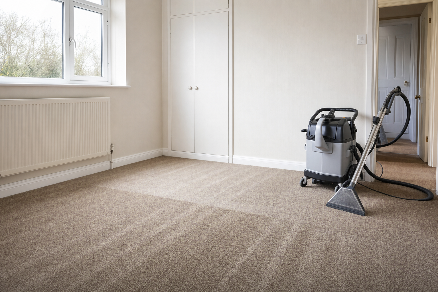 A clean beige carpet in a bright room with a carpet cleaner, radiator, and white cupboard.