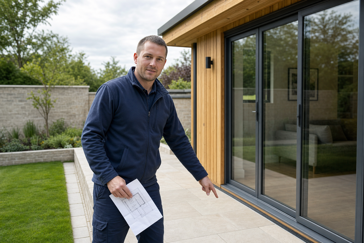 Man in blue pointing at patio near a wooden house extension with sliding glass doors, holding a floor plan.