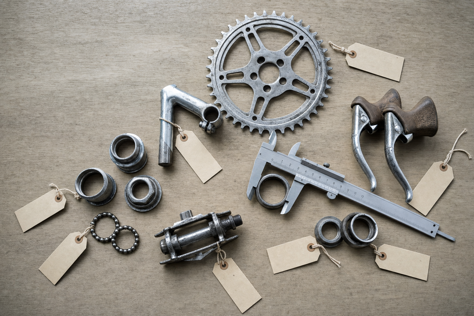 Assorted vintage bicycle parts and a calliper arranged on a wooden surface with blank tags attached.