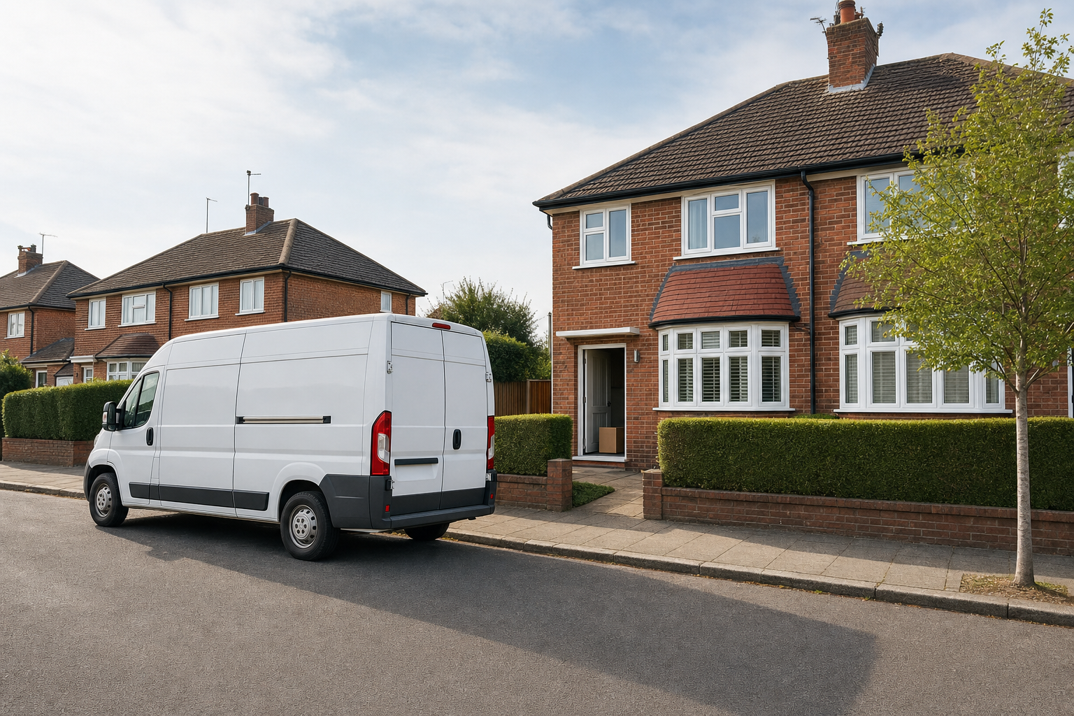 A white delivery van parked outside a brick house with a parcel by the front door.