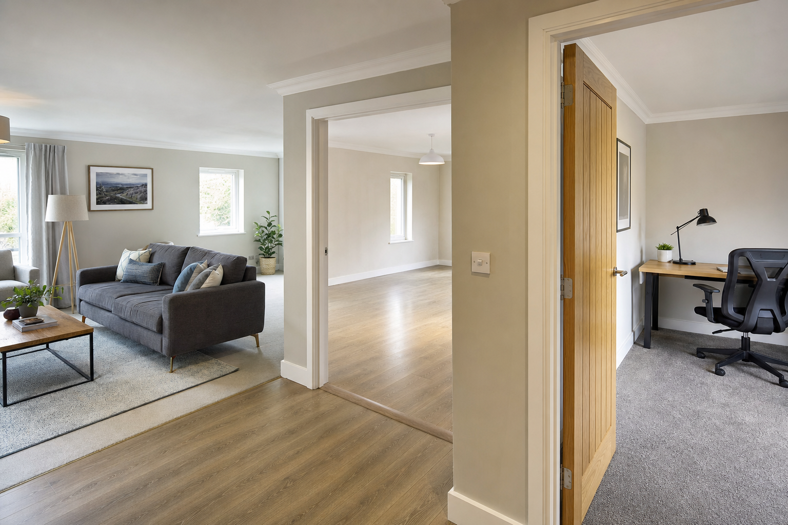 Modern open-plan living room with grey sofa, adjacent empty room, and home office with desk and chair.