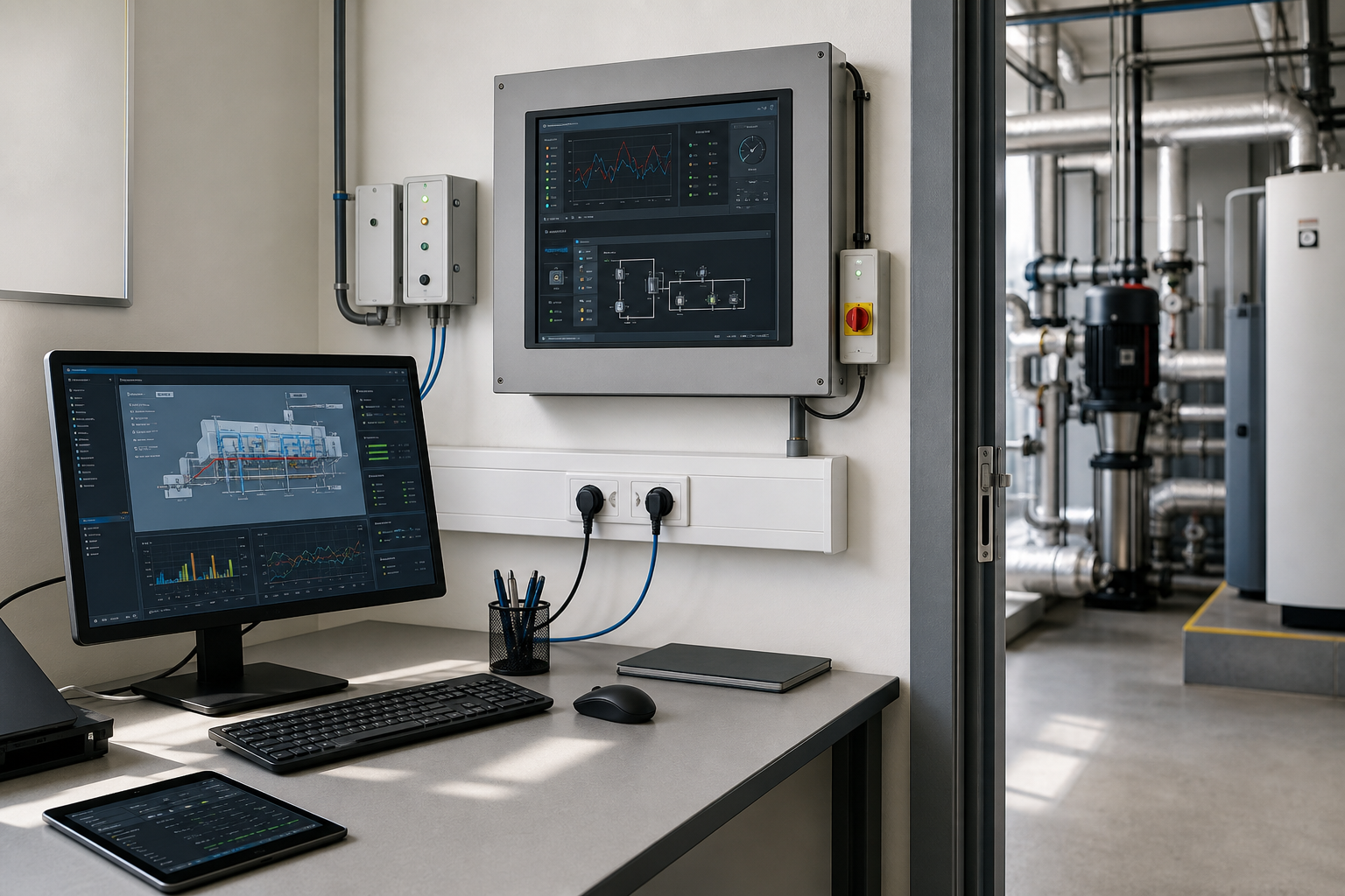 Modern control room with screens displaying industrial data and graphs, adjacent to machinery and pipes.