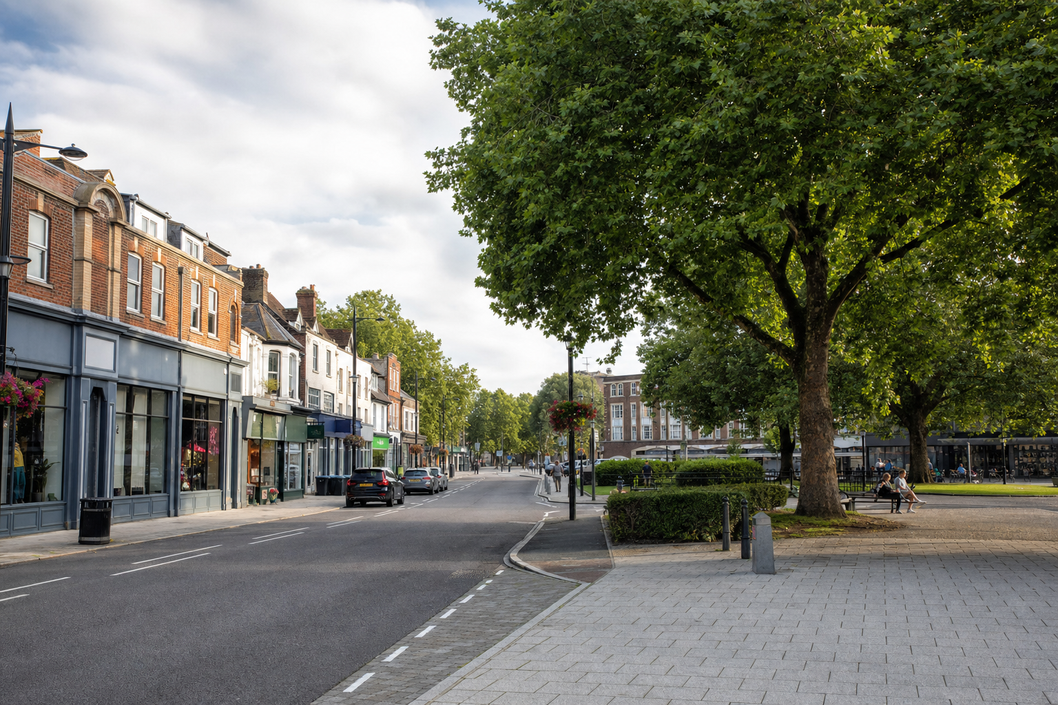 A quiet, tree-lined street with shops on the left and people sitting on benches in a park on the right.