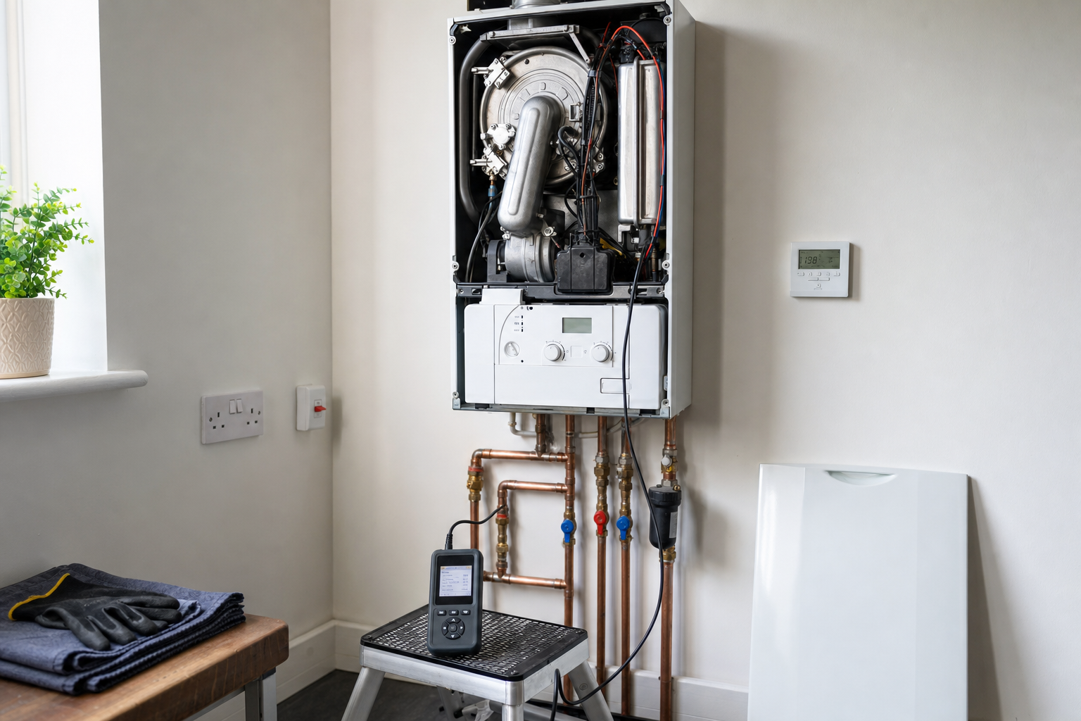 An open gas boiler with visible internal parts, undergoing maintenance with diagnostic tools in a utility room.