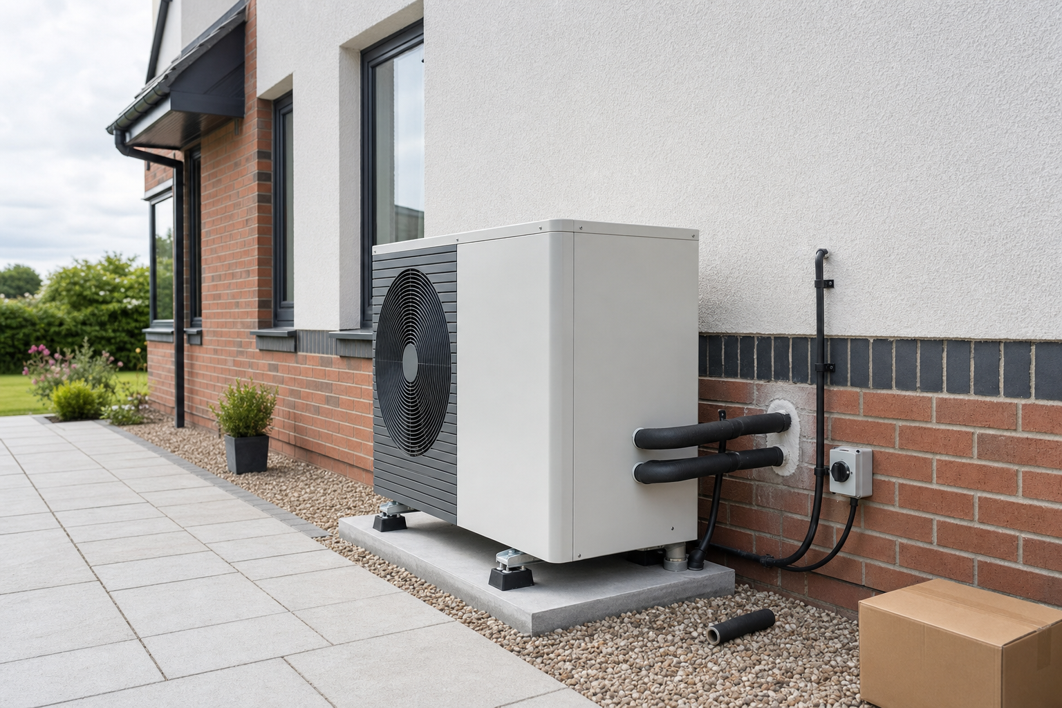 An outdoor heat pump unit installed against a modern brick and white-rendered house.