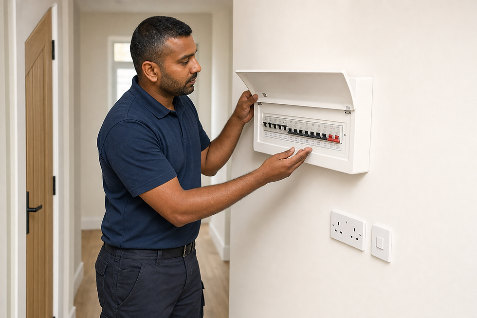 A person in a navy polo inspects an open electrical fuse box mounted on a white wall.