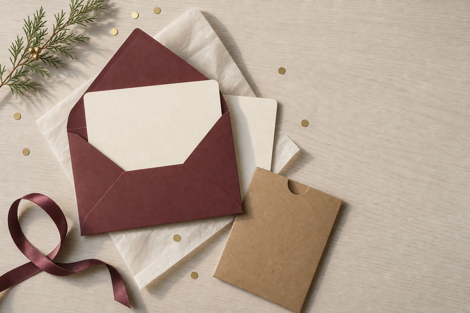 A burgundy envelope with a blank card, surrounded by a ribbon, gold confetti, and greenery on a wooden surface.