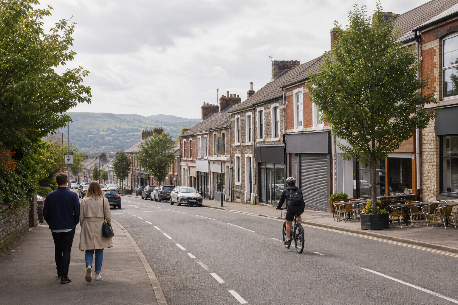 Two people walk along a street as a cyclist rides past, with terraced houses and distant hills in the background.