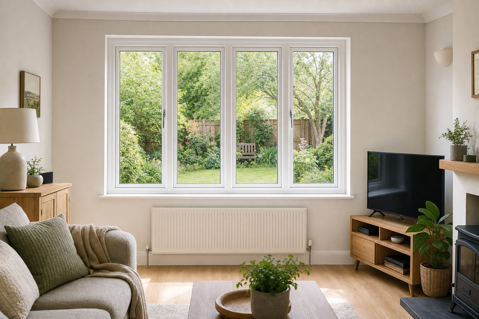 Cosy living room with a large window overlooking a lush garden.