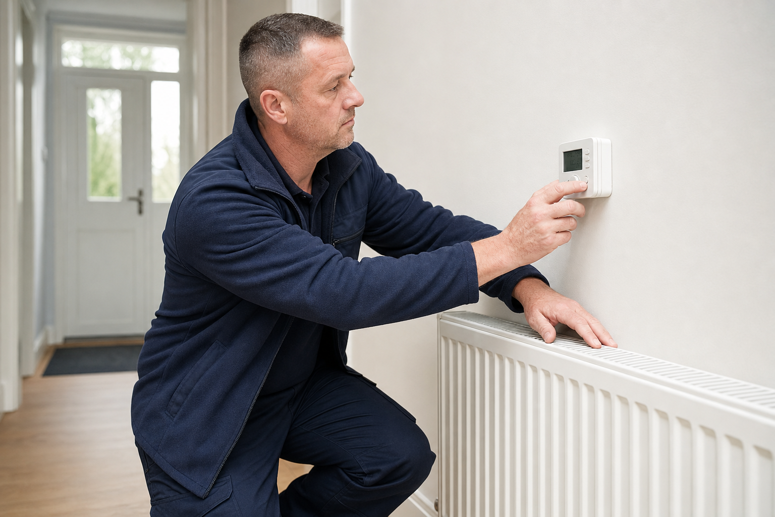 A man in a blue jacket adjusts a wall-mounted thermostat above a radiator in a hallway.