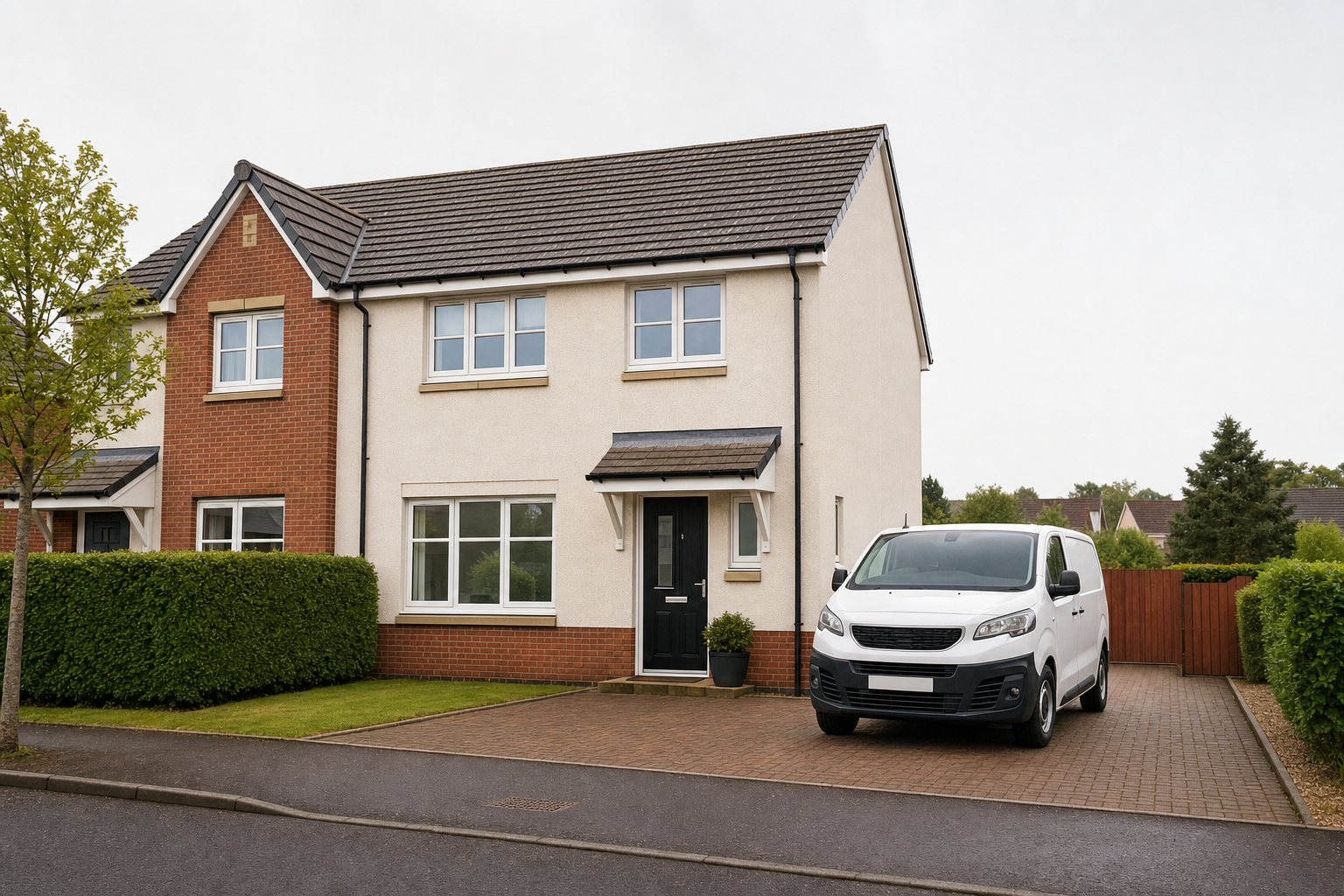 Two-storey house with a brick and cream exterior, featuring a white van parked in the driveway.