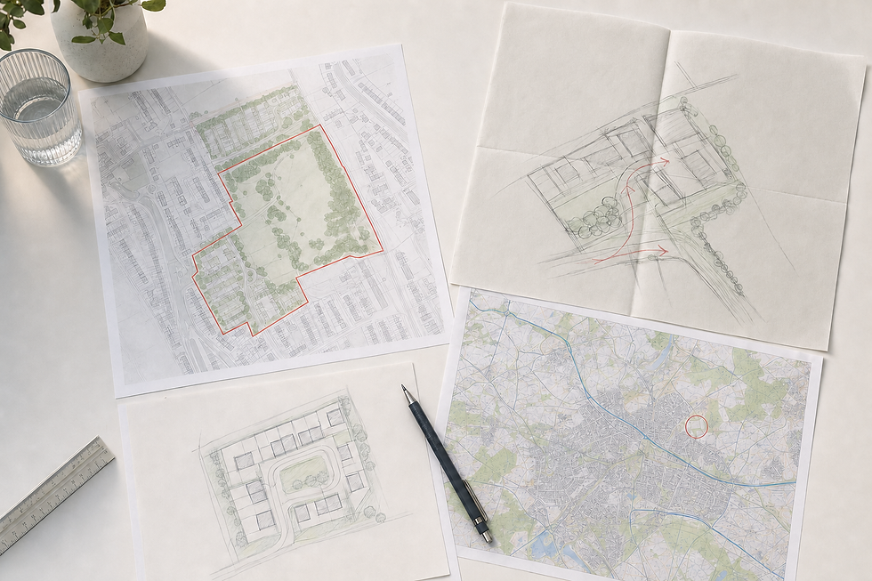 Architectural sketches and maps arranged on a desk with a ruler, pencil, and glass of water nearby.