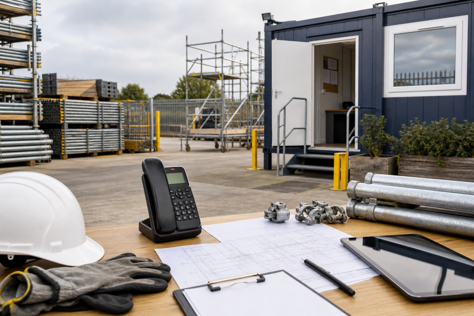 Construction site desk with helmet, phone, gloves, blueprints, and scaffolding in the background.