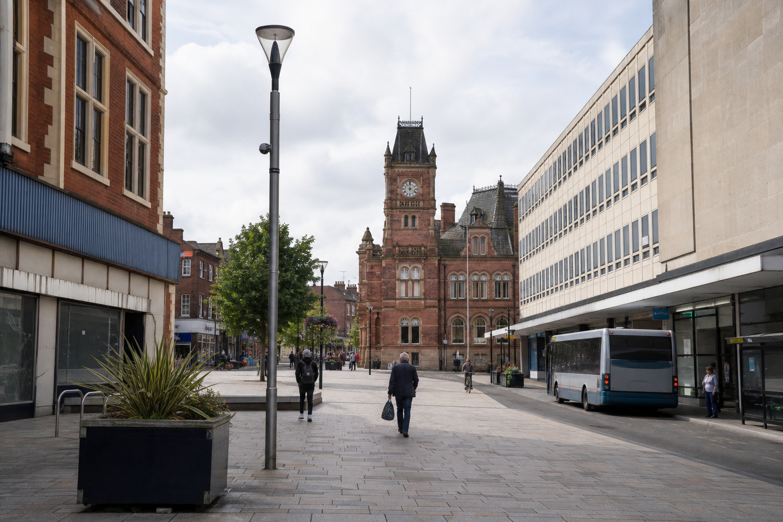 A red-brick clock tower stands prominently at the end of a pedestrian street with people walking and a bus approaching.