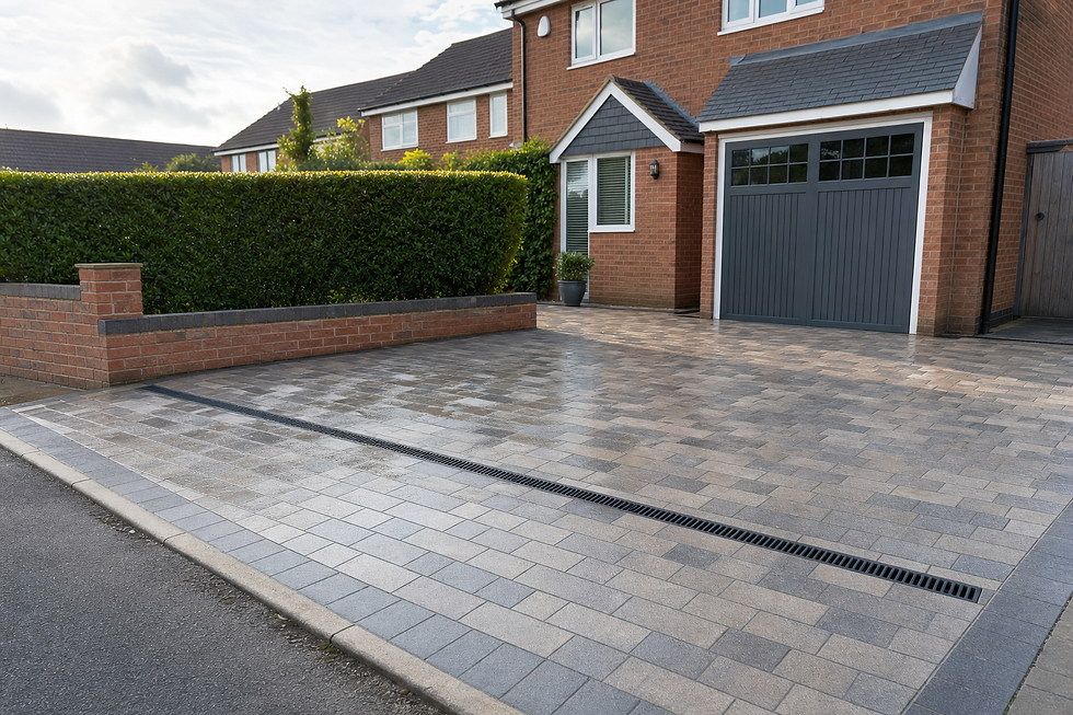 A neatly paved driveway leads to a red-brick house with a grey garage door and a green hedge.