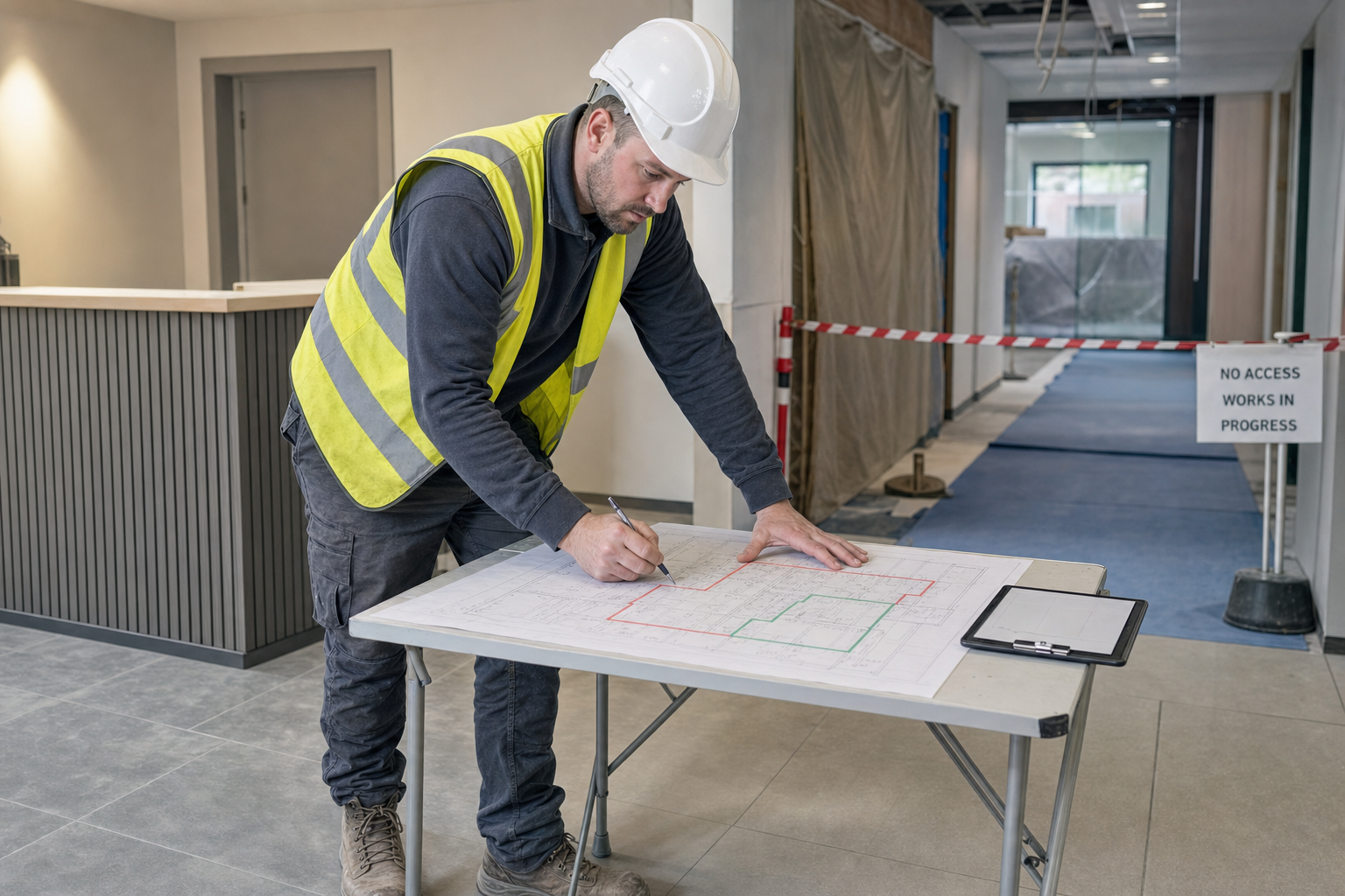 Construction worker reviews plans on a table in a building corridor under renovation.