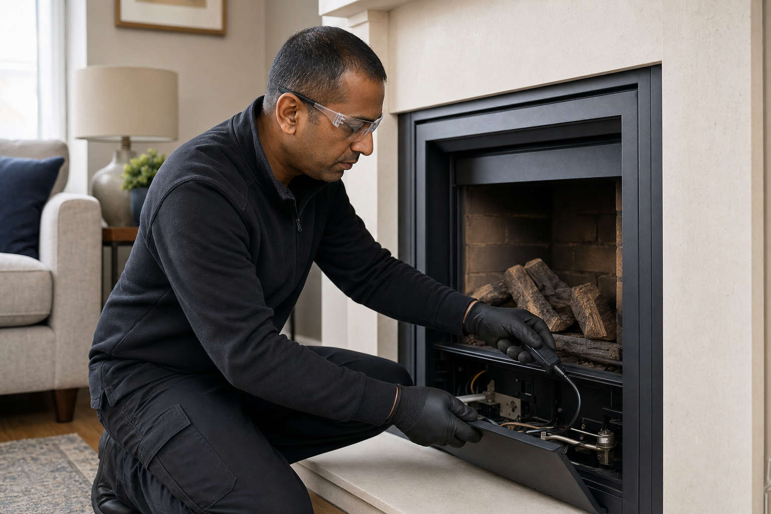 A technician wearing safety glasses and gloves inspects a gas fireplace in a cosy living room.