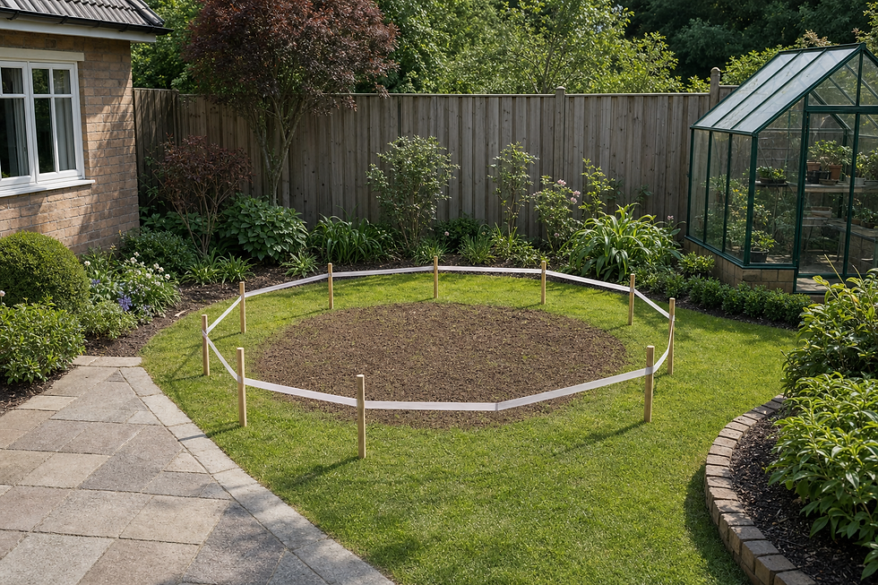 Circular patch of soil marked by stakes and tape in a neatly landscaped garden with a greenhouse.