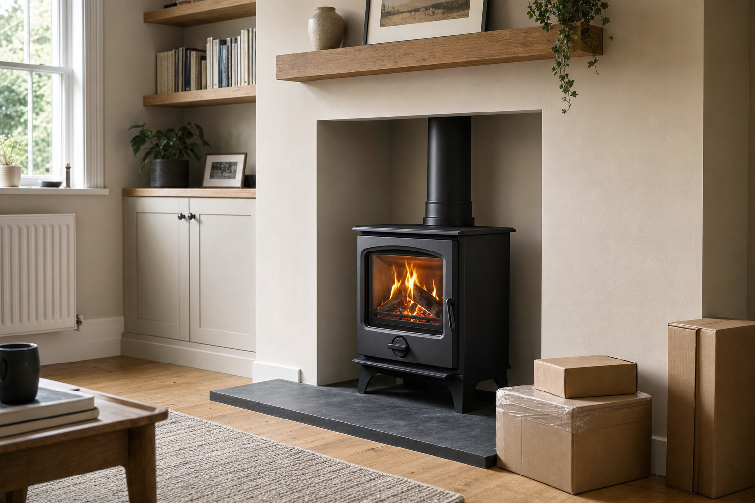 A cosy living room with a wood-burning stove, shelves, and a stack of cardboard boxes on a wooden floor.